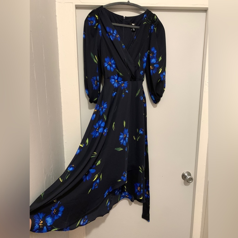 DKNY Blue and Black Floral Flowing Midi Dress - Picture 3 of 7